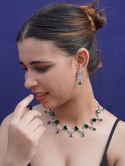 Niscka - Silver Rhodium Plated American Diamond Moon Design Emerald Necklace Set (Set of 3)