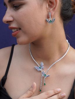 Niscka - Green and Dark Blue American Diamond Butterfly Necklace Earring Set (Set of 3)
