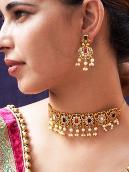 Niscka - Ethnic 24K Gold-Plated Multi-Color Stone and Pearl Choker Necklace Earring Set (Set of 3)