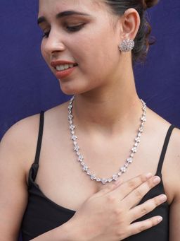 Niscka - Silver Rhodium Plated American Diamond Zircon Long Necklace and Earring Set (Set of 3)