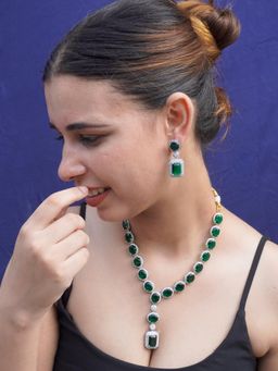 Niscka - Radiant Emerald and American Diamond Rhodium-Plated Zircon Necklace Set (Set of 3)
