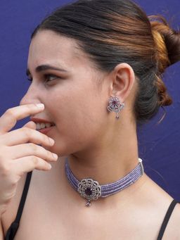 Niscka - Silver Rhodium Plated Purple Crystal American Diamond Choker Necklace Set (Set of 3)