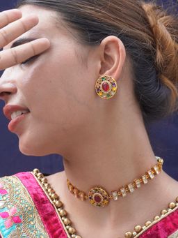 Niscka - Ethnic 18K Gold Plated Pink Kundan Spherical Jewelry Set (Set of 3)