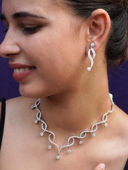 Niscka - Silver Rhodium Plated American Diamond Floral Necklace Set (Set of 3)