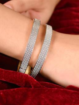 Ratnavali Jewels - Silver Plated White American Diamond Cz Micro Studded Bangle (Set of 2)