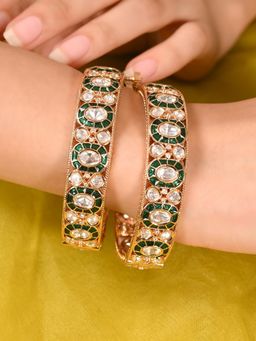 Ratnavali Jewels - Plated Kundan Green Enamel Openable Kada Bangle (Set of 2)