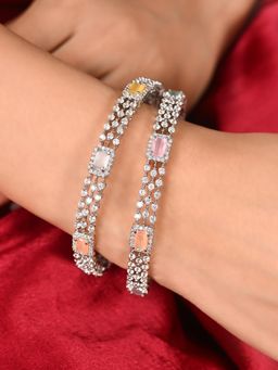 Ratnavali Jewels - Plated Multi American Diamond Cz Studded Sleek Bangle (Set of 2)