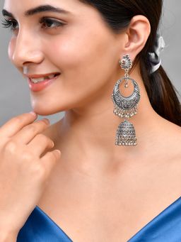 Silvermerc Designs - Long Oxidised Silver Chandbali Earrings