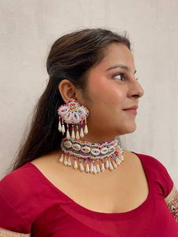 ISHKAARA - Floral Shell Multi Beaded Choker Earrings Set for Navratri (Set of 2)
