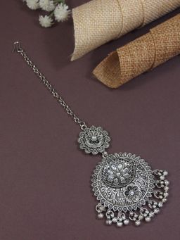 I Jewels - Ethnic Silver Oxidised Floral Design Ghungroo Maang Tikka