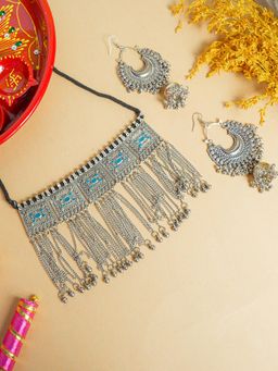 VIRAASI - Sliver Oxidised Necklace Set with Earring (Set of 2)