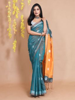 CHARUKRITI - Cerulean Blue Tissue Dual Borders Zari Motifs Handwoven Saree with Unstitched Blouse