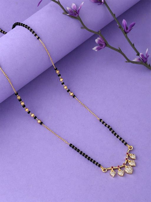 Yellow Chimes Women Gold-Plated White and Black Stone Studded and Beaded Mangalsutra
