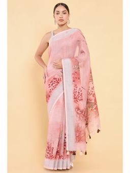 Soch - Women Coral Linen Printed Saree with Stitched Blouse