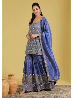 Meenagurnam - Navy Blue Embroidered Kurta With Sharara And Dupatta