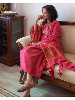 Vaaya - Red Chanderi Embroidered Kurta With Palazzo And Dupatta