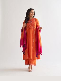 Vaaya - Orange Silk Embroidered Kurta With Palazzo And Dupatta