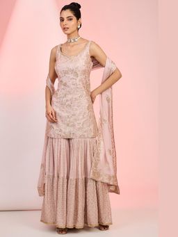 Meenagurnam - Pink Embroidered Kurta With Sharara And Dupatta