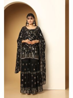 Meenagurnam - Blooming Garden Black Sequin Kurta With Sharara And Dupatta