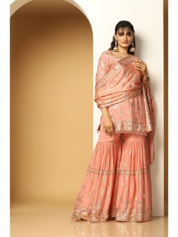 Meenagurnam - Blooming Garden Sequin Peach Kurta With Sharara And Dupatta