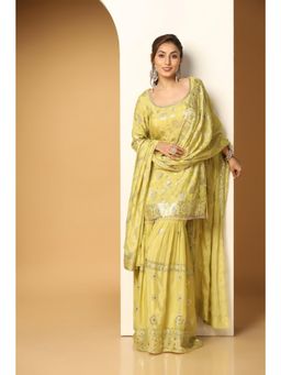 Meenagurnam - Blooming Garden Sequin Yellow Kurta With Sharara And Dupatta