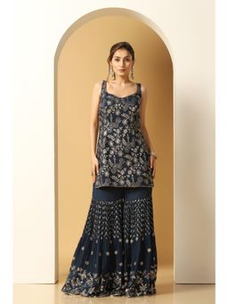 Meenagurnam - Blue Embroidered Short Kurta With Sharara And Dupatta
