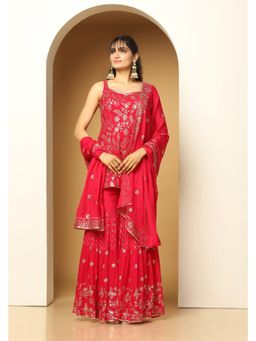 Meenagurnam - Magenta Embroidered Short Kurta With Sharara And Dupatta