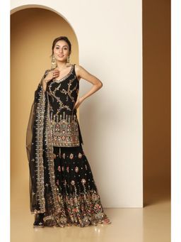 Meenagurnam - Multi Thread And Foil Worked Black Kurta With Sharara And Dupatta