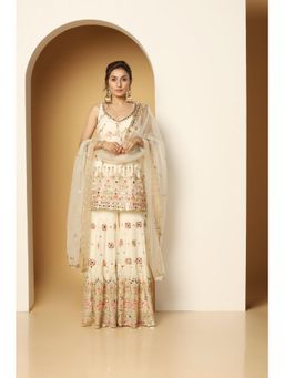 Meenagurnam - Multi Thread And Foil Worked Ivory Kurta With Sharara And Dupatta