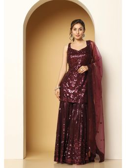 Meenagurnam - Shiny Sherly Maroon Kurta With Sharara And Dupatta