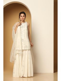 Meenagurnam - White Georgette Sequins Embroidered Kurta With Sharara And Dupatta
