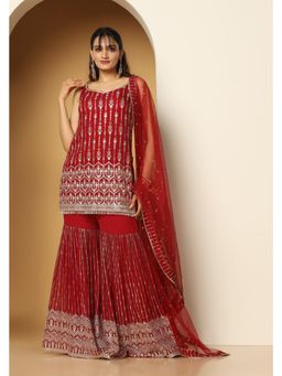 Meenagurnam - Tasselled Maroon Kurta With Sharara And Dupatta