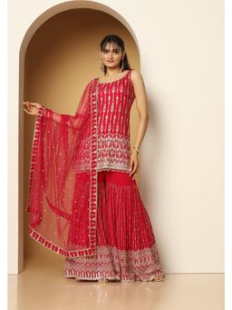 Meenagurnam - Tasselled Red Kurta With Sharara And Dupatta