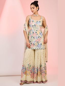 Meenagurnam - Multicolour Flower Jaal Embroidered Kurta With Sharara And Dupatta