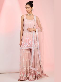 Meenagurnam - Peachy Pink Ombre Georgette Embroidered Kurta With Sharara And Dupatta