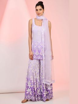 Meenagurnam - Purple Ombre Georgette Embroidered Kurta With Sharara And Dupatta