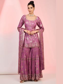 Meenagurnam - Purple Jaal Embroidery Kurta With Sharara And Dupatta