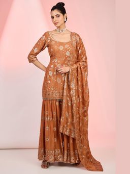 Meenagurnam - Rust Jaal Embroidery Kurta With Sharara And Dupatta