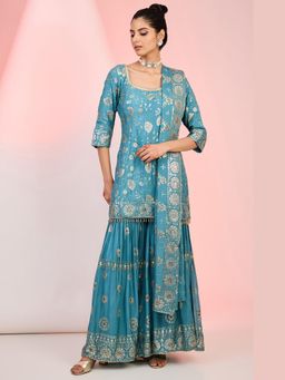 Meenagurnam - Turquoise Jaal Embroidered Kurta With Sharara And Dupatta