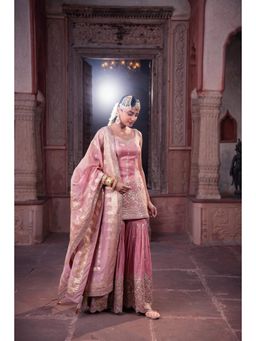 Meenagurnam - Pink Tissue Sequins Embellished Kurta With Sharara And Dupatta
