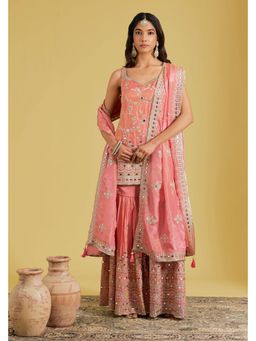 Meenagurnam - Pink Traditional Motif Embroidered Kurta With Sharara And Dupatta