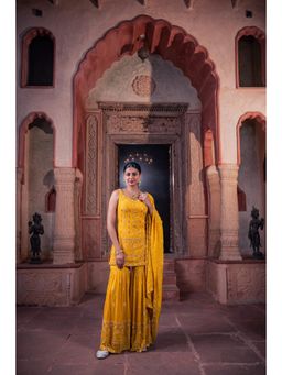 Meenagurnam - Mustard Viscose Georgette Embellished Kurta With Sharara And Dupatta