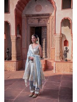 Meenagurnam - Blue Tissue Hand Embellished Kurta With Salwar And Dupatta