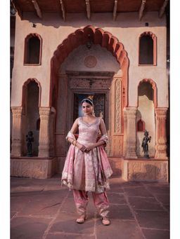 Meenagurnam - Pink Tissue Hand Embellished Kurta With Salwar And Dupatta