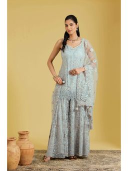 Meenagurnam - Grey Tissue Embroidered Kurta With Sharara And Dupatta
