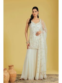 Meenagurnam - Ivory Net Embroidered Kurta With Palazzo And Dupatta
