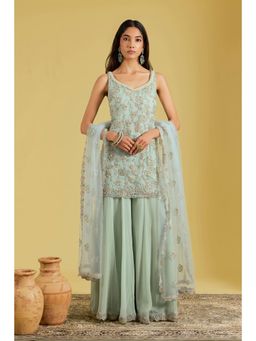 Meenagurnam - Pista Net Embroidered Kurta With Palazzo And Dupatta