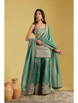 Meenagurnam - Green Tissue Embroidered Kurta With Sharara And Dupatta