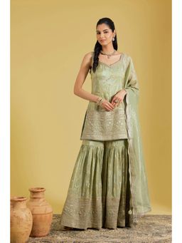 Meenagurnam - Pista Tissue Embroidered Kurta With Sharara And Dupatta