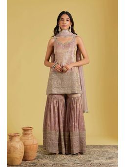 Meenagurnam - Rose Gold Tissue Embroidered Kurta With Sharara And Dupatta